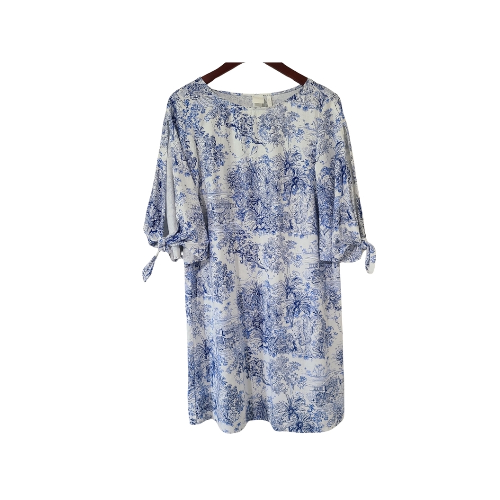 H&M Blue White Safari Toile Tie detail dress Linen Blend Size 6
